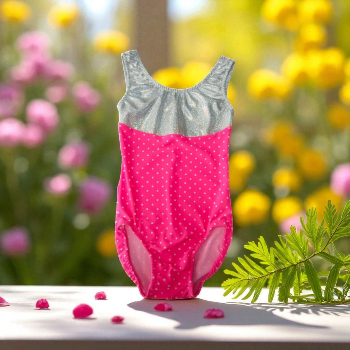 ATHLU Girls Sleeveless Leotards - PinkPolka/Silver