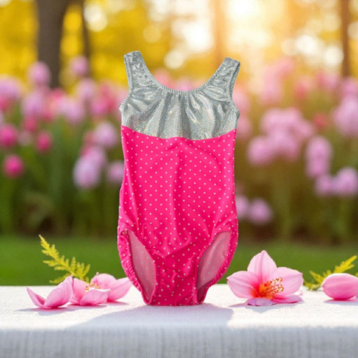 ATHLU Girls Sleeveless Leotards - PinkPolka/Silver