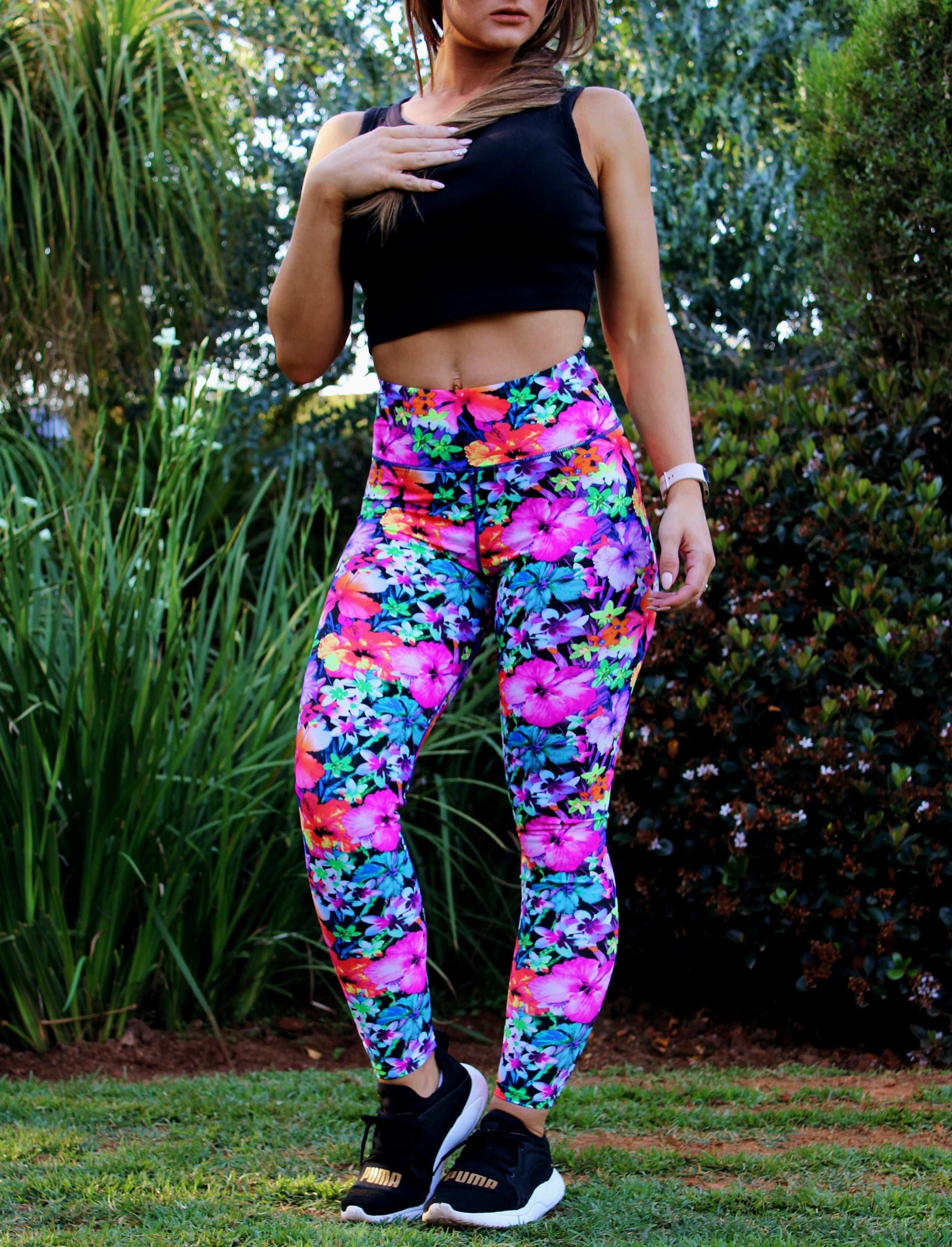 ATHLU Ladies High Waisted Long Printed Tights - Floral