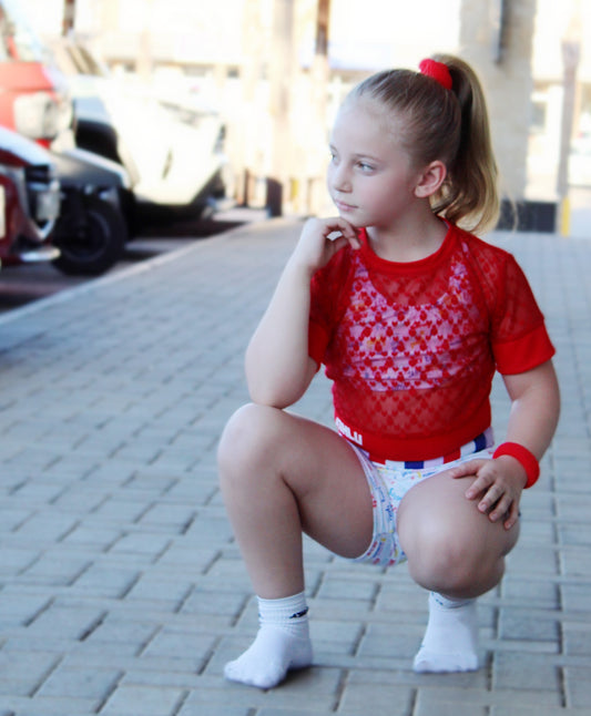 ATHLU Girls Cropped T - Red Mesh